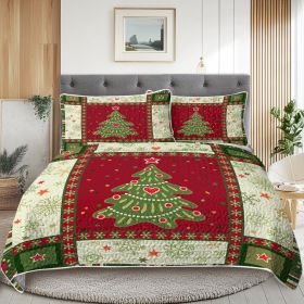 3 Piece Cute Christmas Tree Quilt Set Red Green Snowflakes Pattern Bedspread Lightweight Coverlet Summer Comforter Set Bed Cover (1 Quilt + 2 Sha
