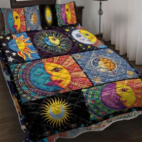 Bohemian Sun Moon Pattern Quilt Set Microfiber Soft Lightweight Portable Psychedelic Design Bedding Set, 1 Quilt with 2 Pillowcases (size: Queen)