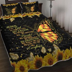 Christian Religious Jesus Is God My King Sunflower Butterfly Quilt Blanket & Pillowcases, Quilts Bedding Set & 2 Pillow Cover (size: Full)
