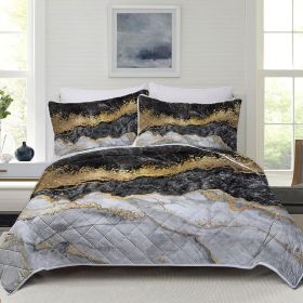 Marble Quilt Set 3 Piece, Lightweight Microfiber Coverlet Black White Gold Foil Marble Bedspread Set (1 Quilt,2 Pillow Shams) (size: King)