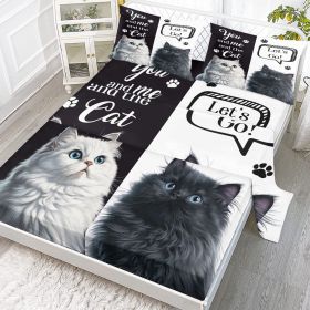 Cat Sheet, Pretty Cat Sheets Set 4Pcs,Black White Flat Sheet,Cute Animal Printed Bed Set with 1 Fitted Sheet 1 Flat Sheet 2 Pillowcases (size: King)