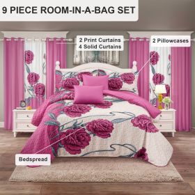 9-Piece Pink Rose Bedding & Curtain Set (Queen/King/Cal King) - Quilted Microfiber Bedspread + Sheer Curtains (Color: Pink/White Rose, size: Cal King)