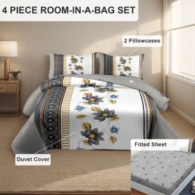 4 Piece Soft All-Season Washed Microfiber Cover Set , Queen/King/Calking Bedding Set With Zipper Closure, Sheet, Pillowcases,Print, Moisture-Wick (Color: grey/white flower, size: Cal King)
