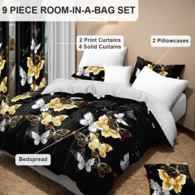9-Piece Black & Gold Butterfly Bedding & Curtain Set (Queen/King/Cal King) - Quilted Microfiber Bedspread + Sheer Curtains (Color: black/gold butterfly, size: Cal King)