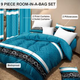 9-Piece Turquoise Swirl Bedding & Curtain Set (Queen/King/Cal King) - Quilted Microfiber Bedspread + Sheer Curtains (Color: blue/black boho, size: Twin)