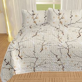 3 pcs Cherry Blossom Quilted Bedspread Set, Beige Floral Branch Print Quilt Set, Lightweight Reversible Coverlet with Pillow Shams (Color: White, size: Full)
