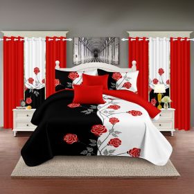 9-Piece Red Rose Bedding & Curtain Set (Queen/King/Cal King) - Quilted Microfiber Bedspread + Sheer Curtains (Color: black/white red flower, size: King)